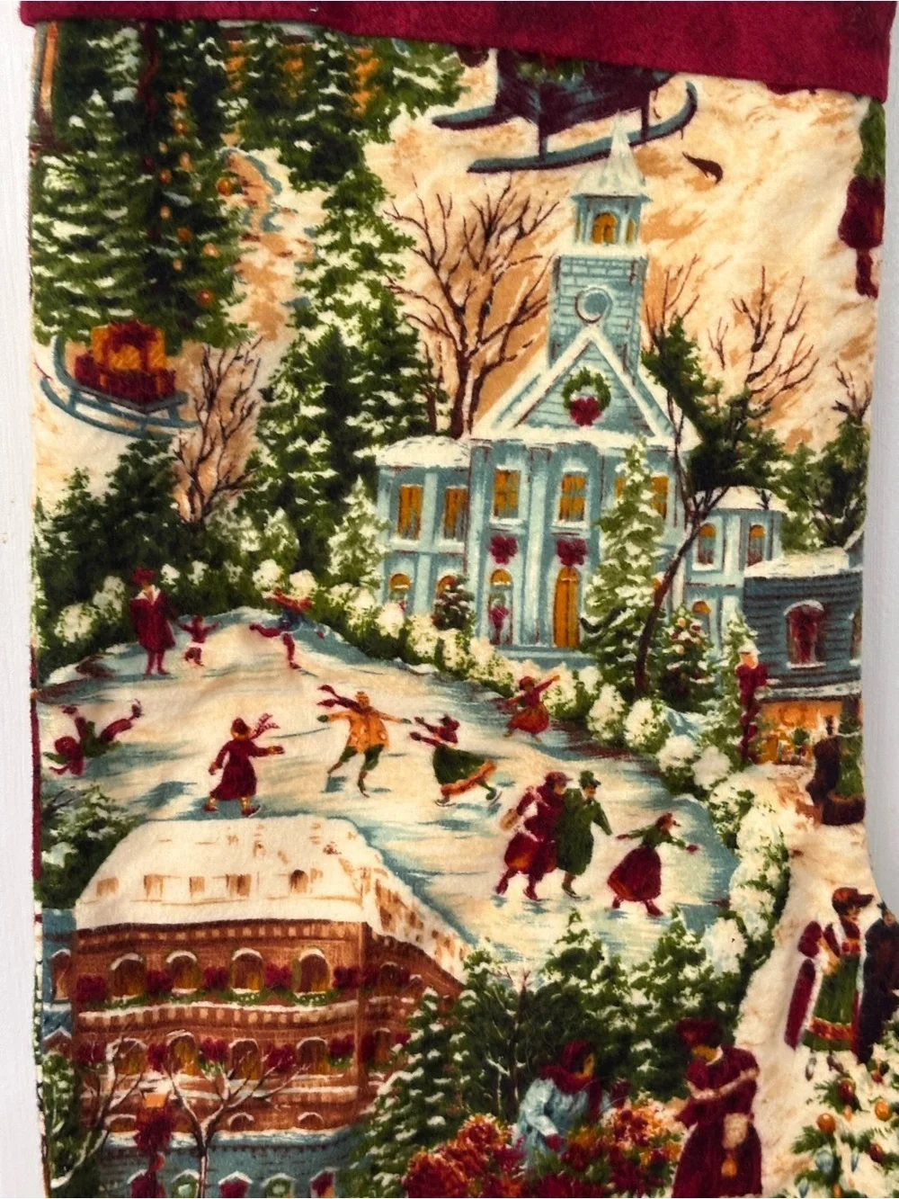 Holiday Handmade Christmas Stocking with Country Village Winter